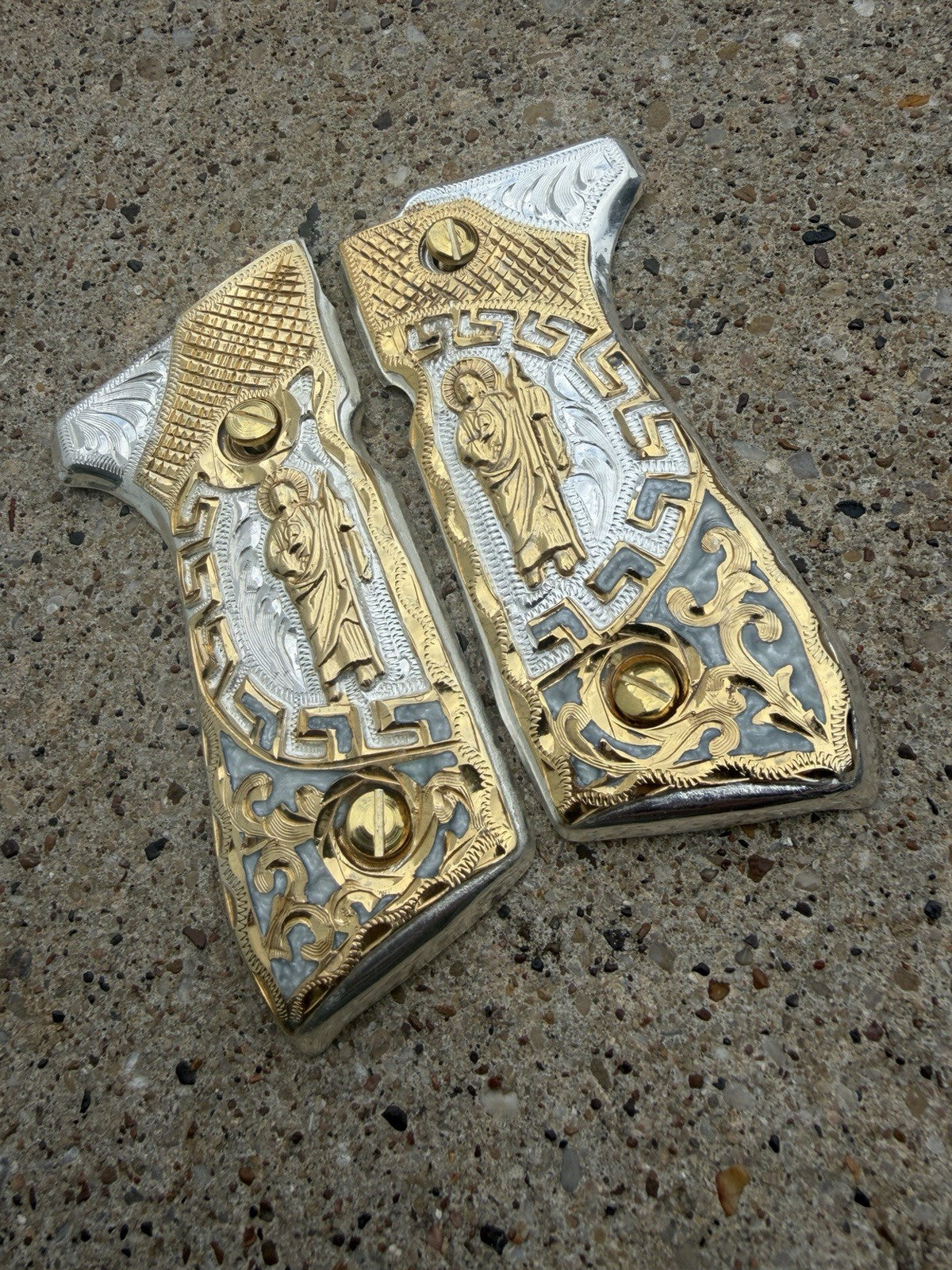 Beretta 92FS Cachas San Judas Gold Plated Pistol Custom Grips & Gold Screws