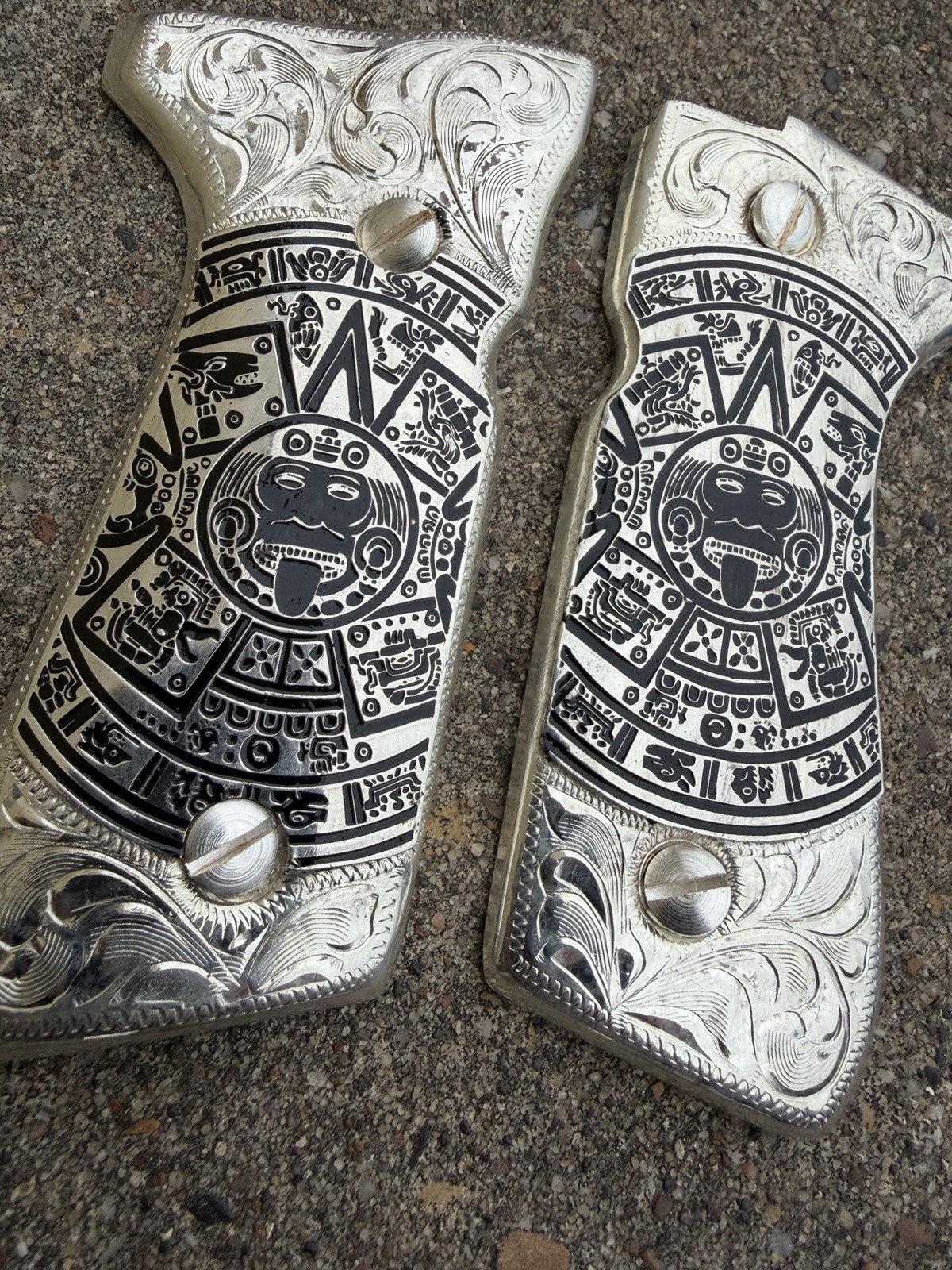 Beretta 92FS Cachas Aztec Gold Plated Pistol Custom Grips & Silver Screws