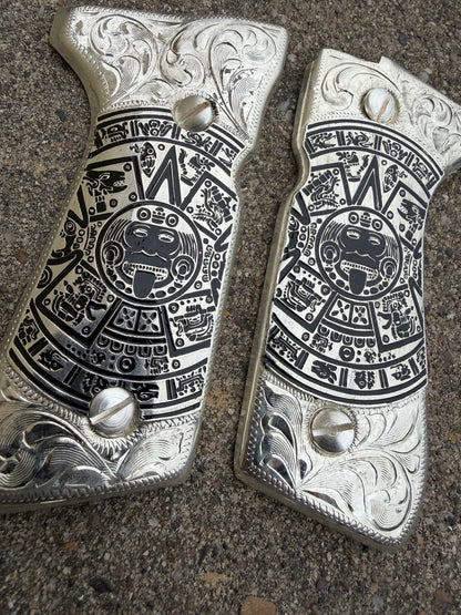 Beretta 92FS Cachas Aztec Gold Plated Pistol Custom Grips & Silver Screws