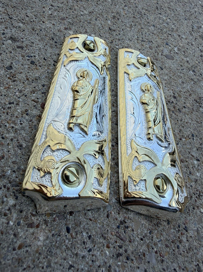 1911 45 38 Super Full Size San Judas Gold Gun Pistol Grip Cachas & 24K Screws
