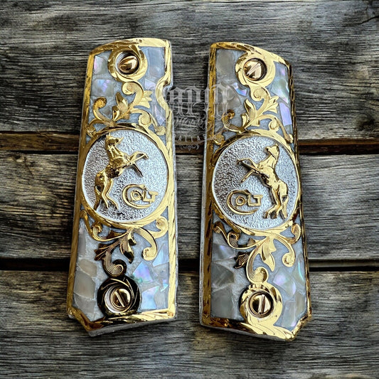 1911 45 38 Super Full Size Colt Gold Gun Pistol Grip Cachas Chapeado &24K Screws