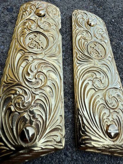 1911 45 38 Super Colt Horse Full Size Gold Gun Pistol Grip Cachas & 24K Screws