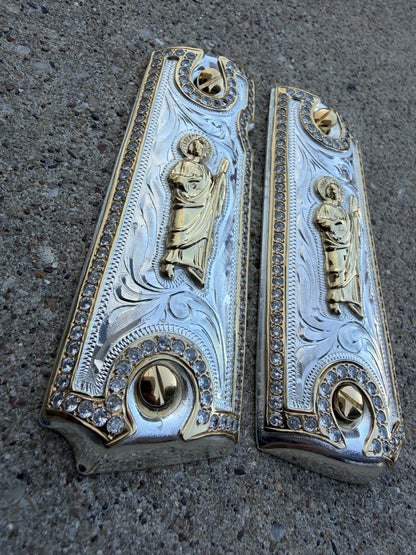 1911 ZIRCONIA 45 38 SUPER SAN JUDAS GOLD GUN PISTOL GRIP CACHAS & 24K SCREWS
