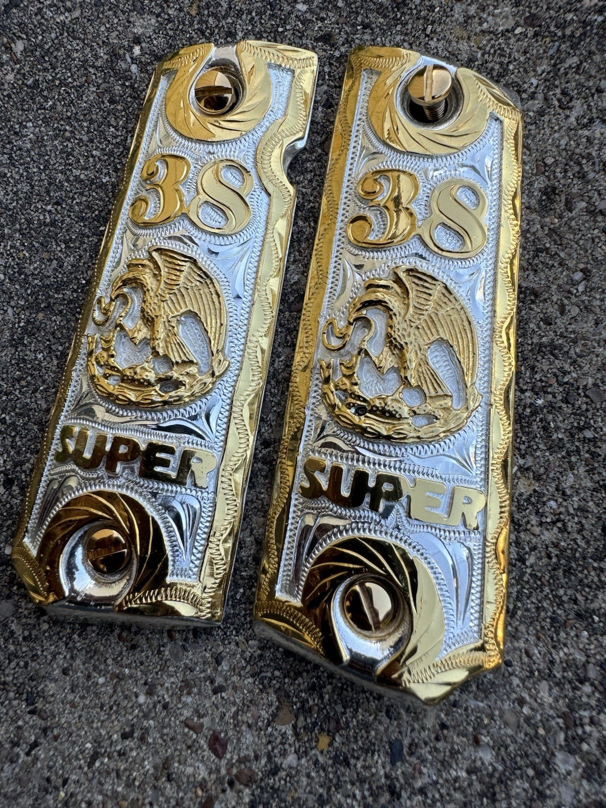 1911 45 38 Super Full Size Aguila Gold Gun Pistol Grip Cachas & 24K Screws