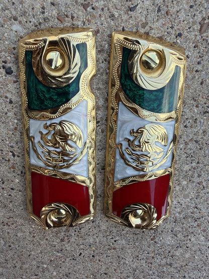1911 45 38 Super Full Size Mexican Flag Gold Gun Pistol Grip Cachas & 24K Screws