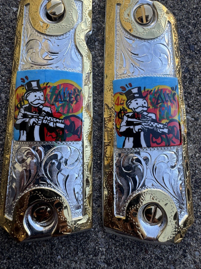 1911 45 38 Super Full Size Monopoly Gold Gun Pistol Grip Cachas & 24K Screws