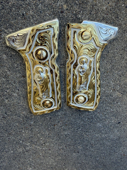 Beretta 92FS Cachas San Judas Gold Plated Pistol Custom Grips & Gold Screws