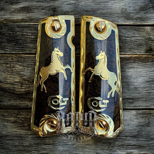 1911 45 38 Super Colt Horse Full Size Gold Gun Pistol Grip Cachas & 24K Screws