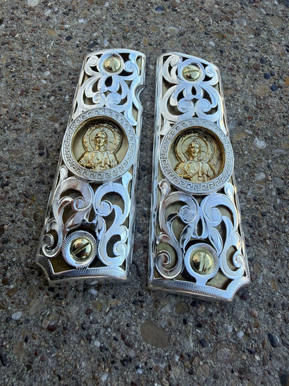 1911 45 38 Super Full Size San Judas Gold Gun Pistol Grip Cachas & 24K Screws