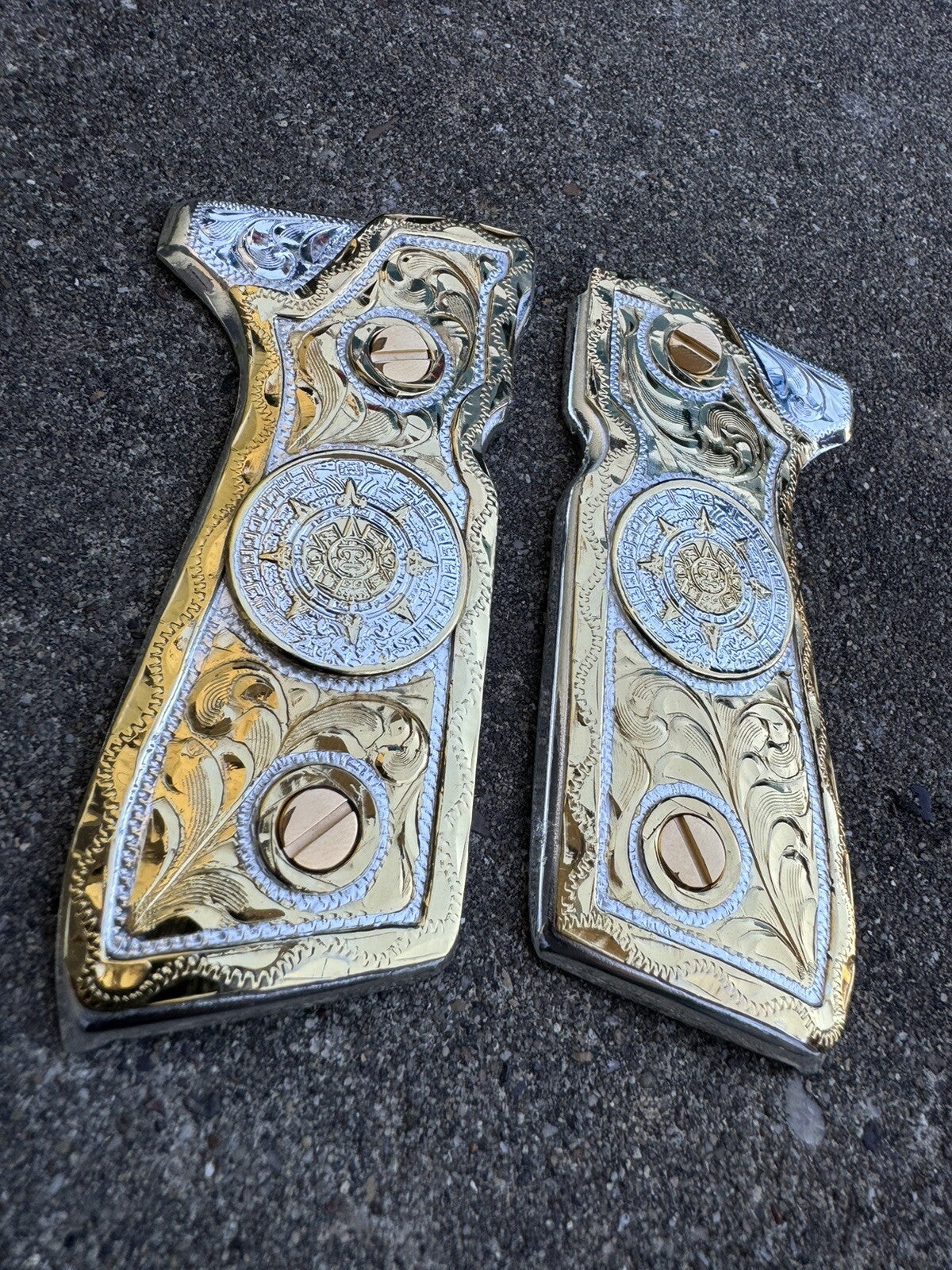 Beretta 92FS Cachas Aztec Calendario Gold Plated Pistol Custom Grips & 24k Screw