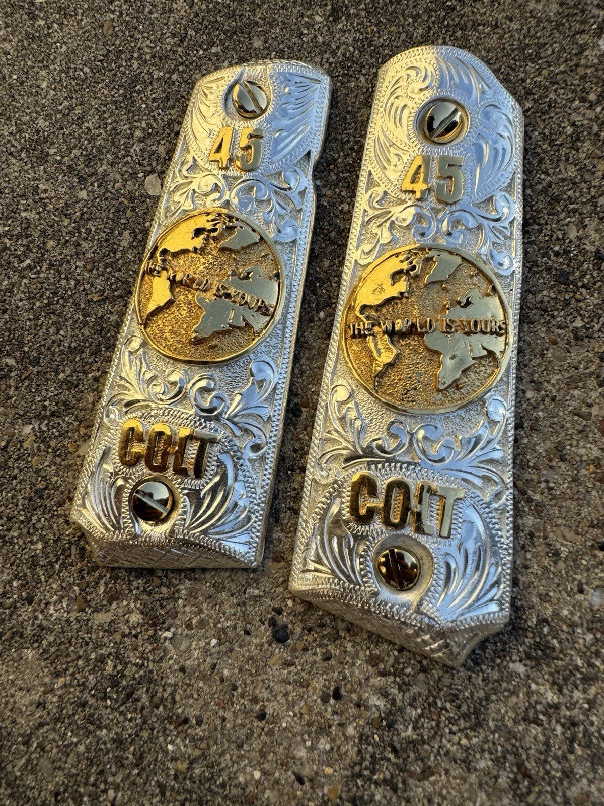 1911 45 38 Super Full Size World Is Yours Gold Gun Pistol Grip Cachas & 24KScrew