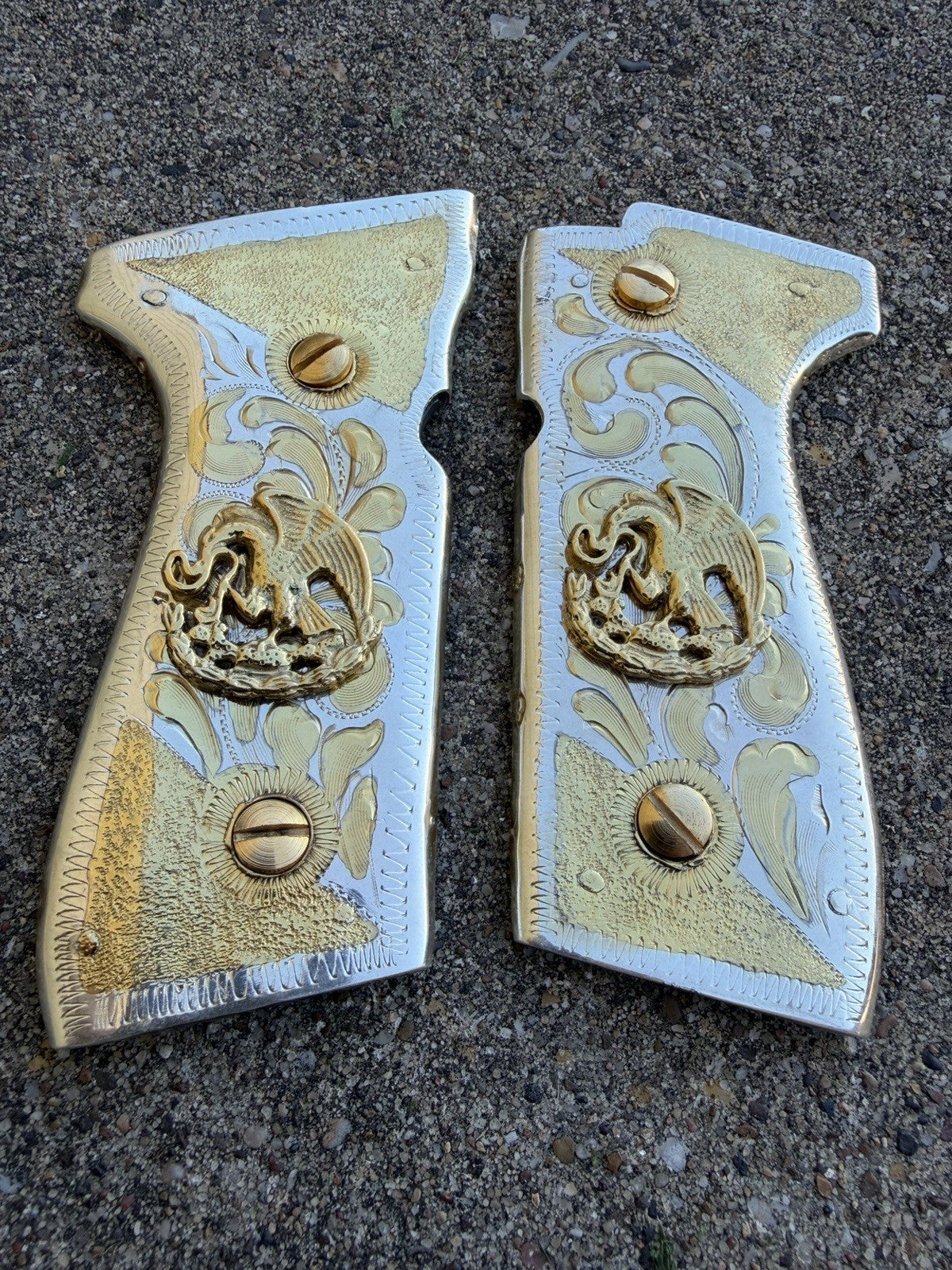 Beretta 92FS Cachas Mexican Eagle Gold Plated Pistol Custom Grips & Gold Screws