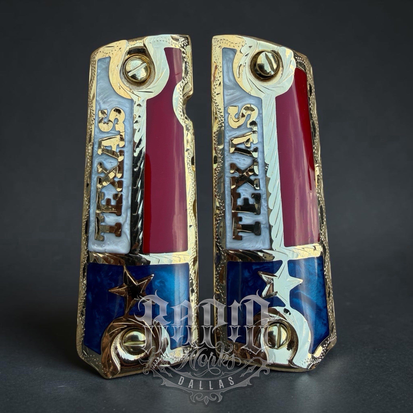 1911 45 38 Super Full Size Texas Gold Gun Pistol Grip Cachas & 24K Screws