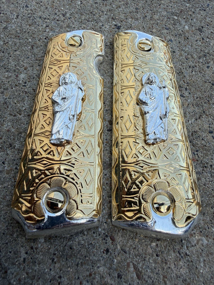 1911 45 38 Super Full Size San Judas Gold Gun Pistol Grip Cachas & 24K Screws