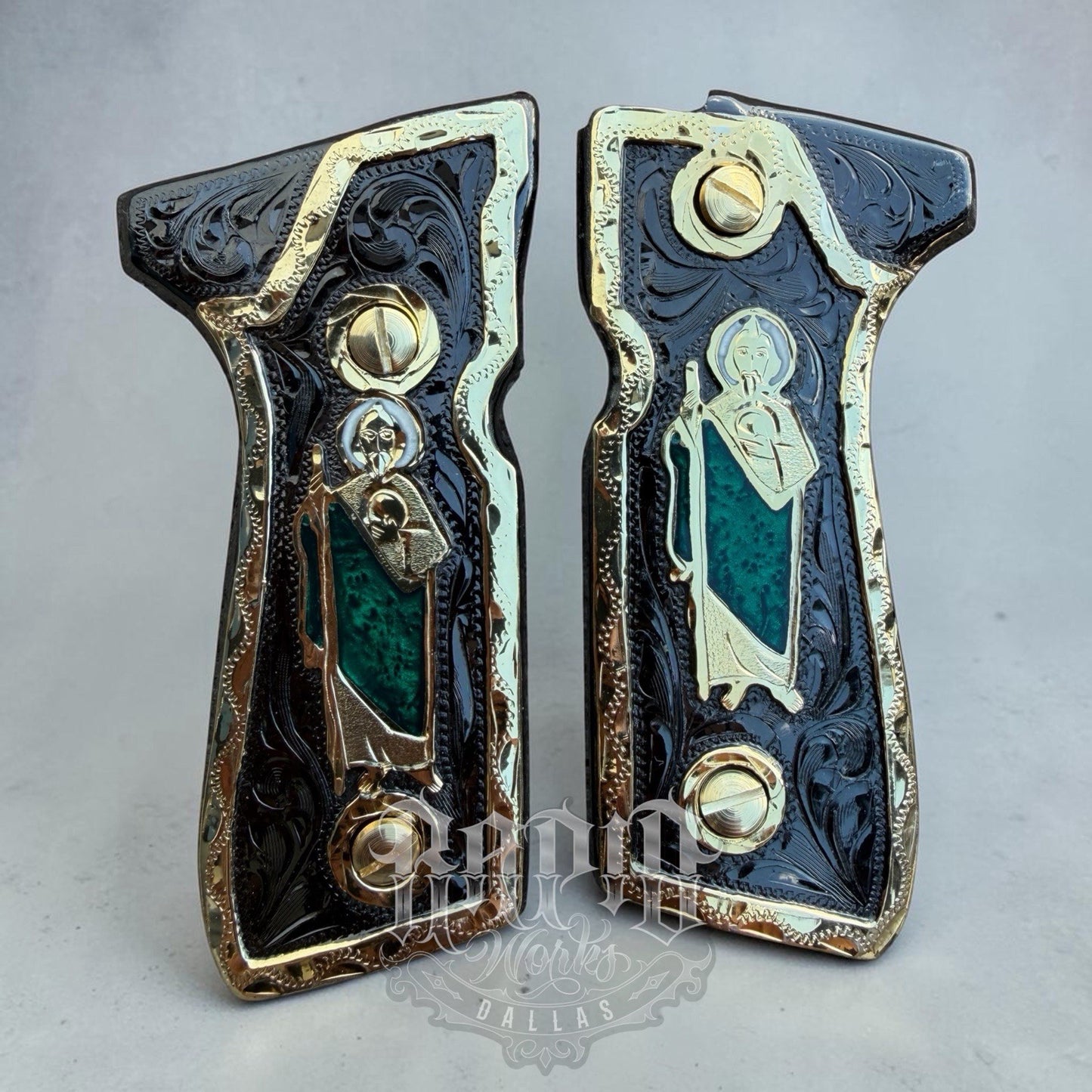 Beretta 92FS Cachas San Judas Gold Plated Pistol Custom Grips & Gold Screws