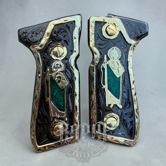 Beretta 92FS Cachas San Judas Gold Plated Pistol Custom Grips & Gold Screws