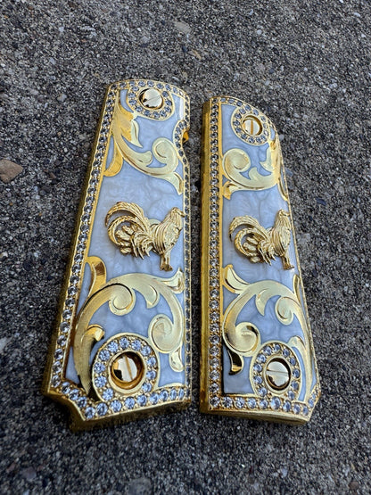 1911 ZIRCONIA 45 38 SUPER COLT GALLO GOLD GUN PISTOL GRIP CACHAS & 24K SCREW