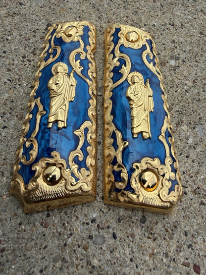 1911 45 38 Super Full Size San Judas Gold Gun Pistol Grip Cachas & 24K Screws