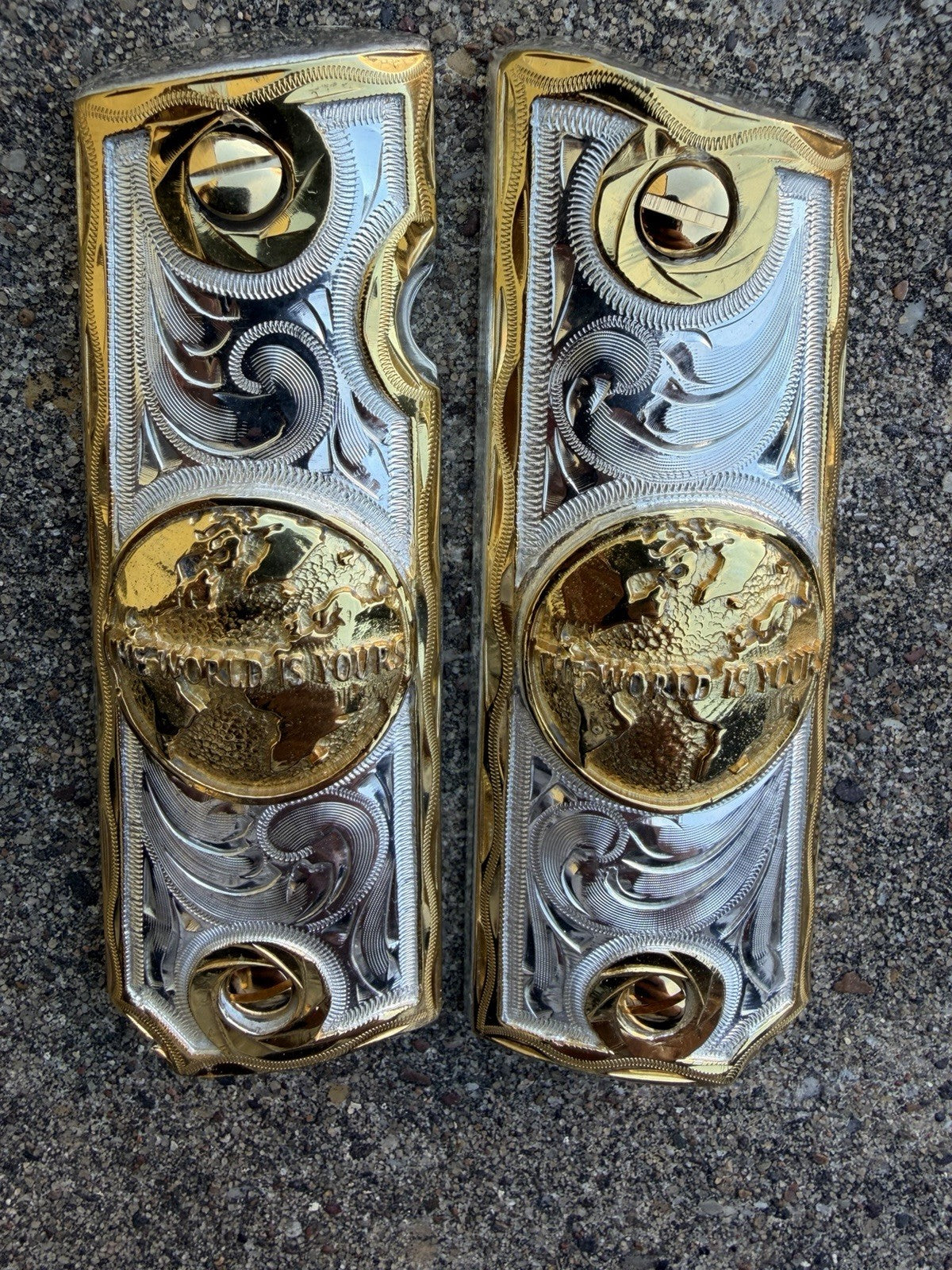 1911 45 38 Super Full Size WORLD IS YOURS Gold Gun Pistol Grip Cachas & 24KScrew