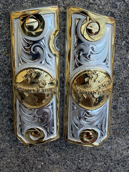 1911 45 38 Super Full Size WORLD IS YOURS Gold Gun Pistol Grip Cachas & 24KScrew