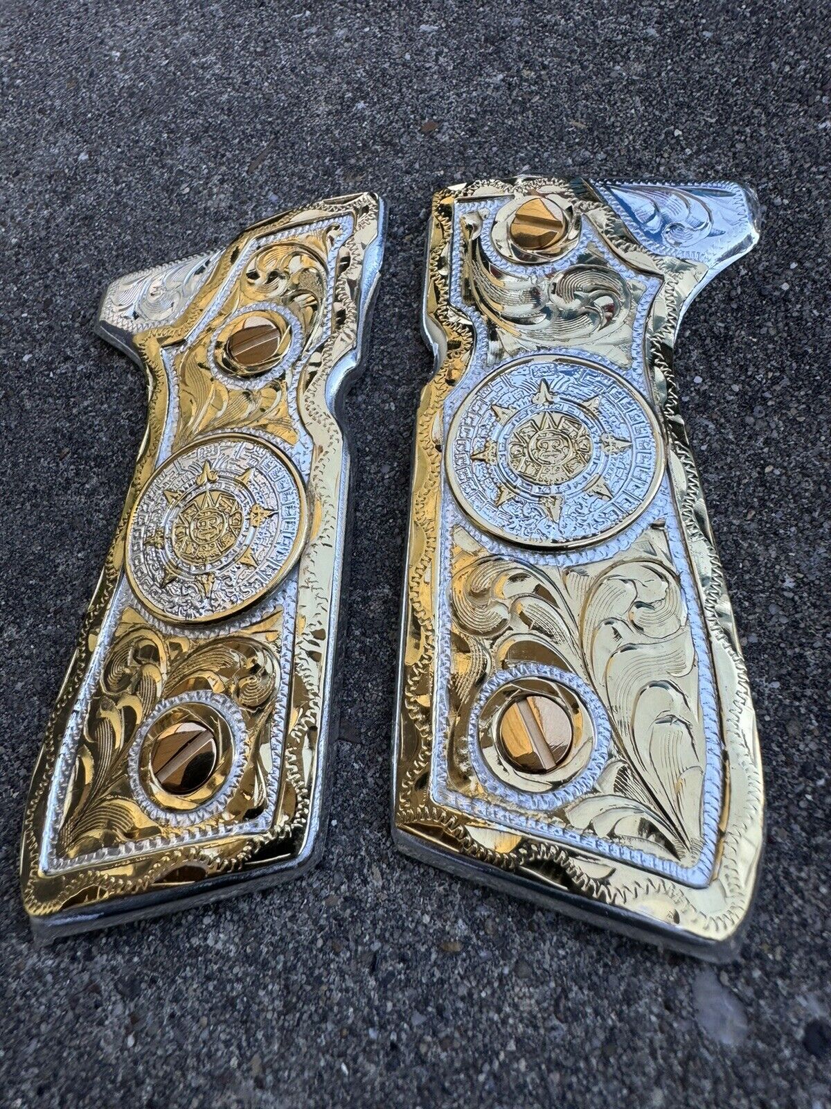 Beretta 92FS Cachas Aztec Calendario Gold Plated Pistol Custom Grips & 24k Screw