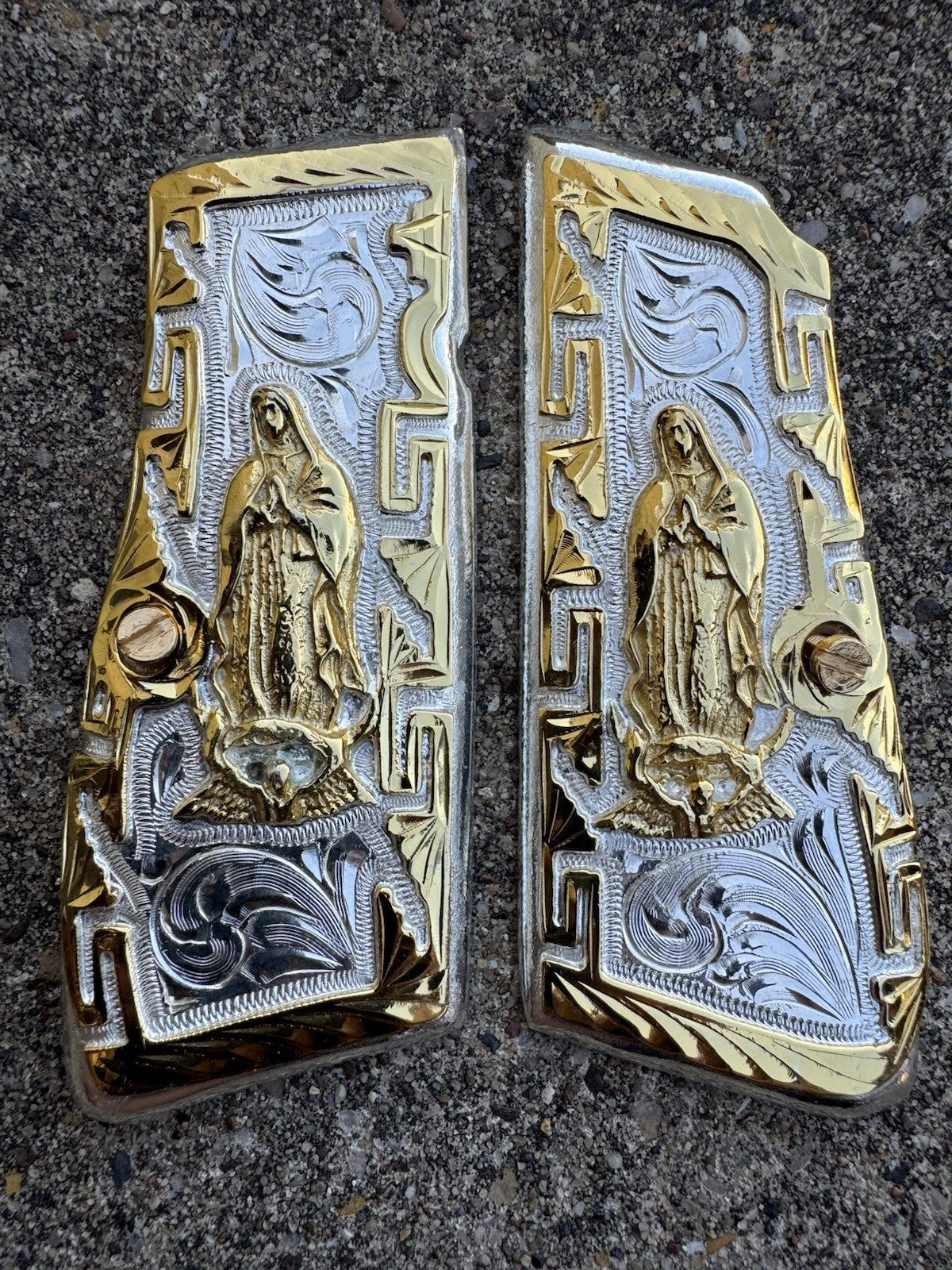 Browning Hi-Power 9mm Virgen De Guadalupe Gold Gun Pistol Grip Cachas & Screws