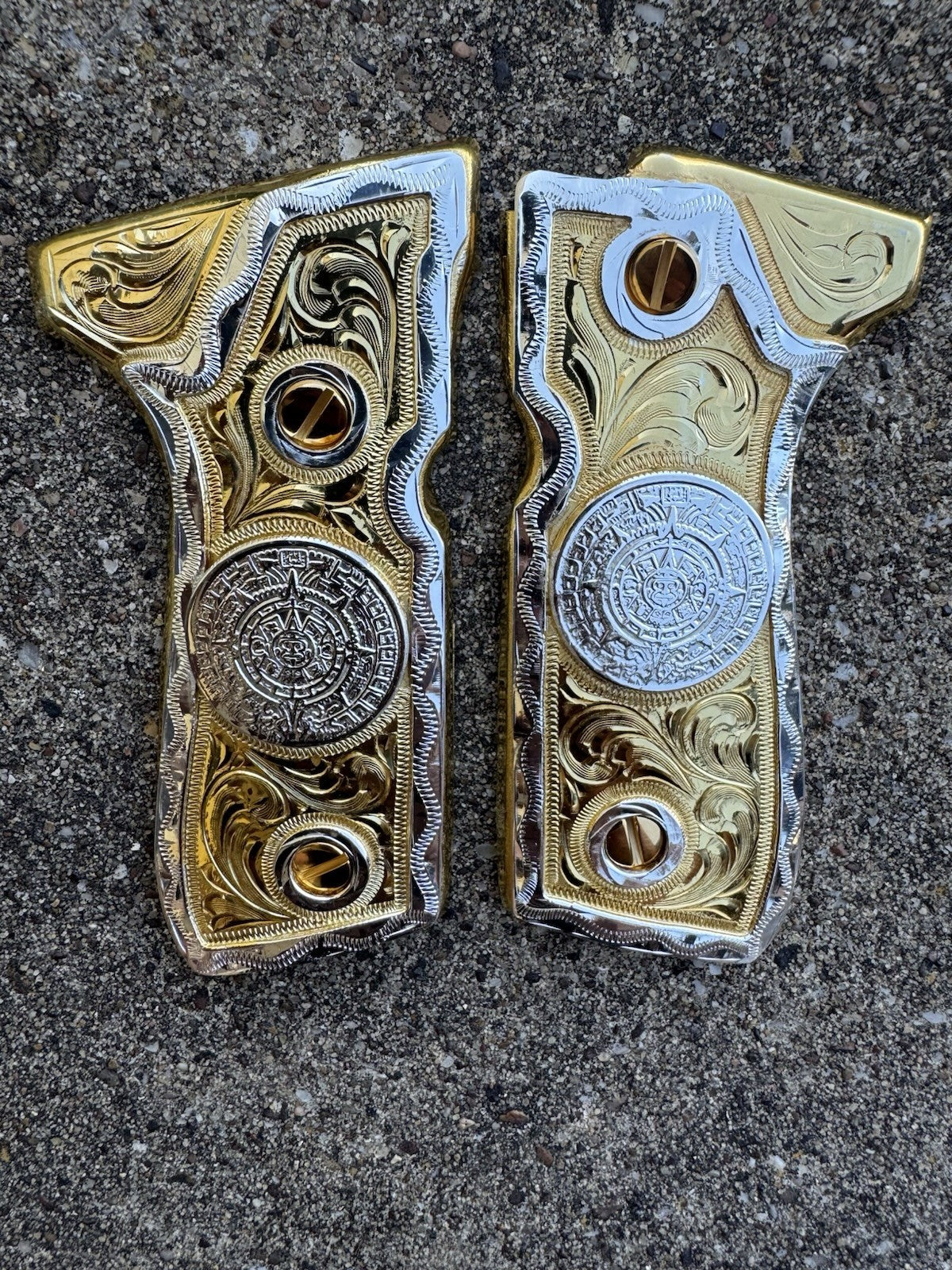 Beretta 92FS Cachas Azteca Gold Plated Pistol Custom Grips & Gold Screws