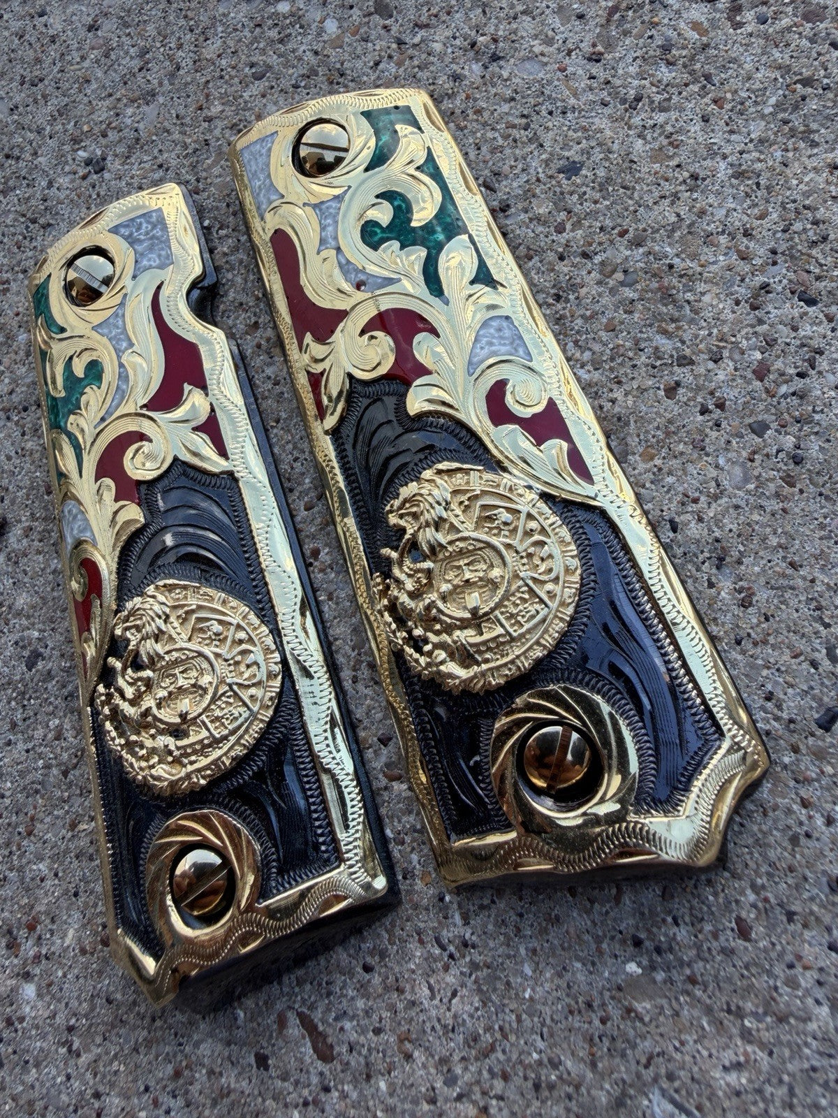 1911 45 38 Super Full Size Azteca Gold Gun Pistol Grip Cachas & 24K Screws