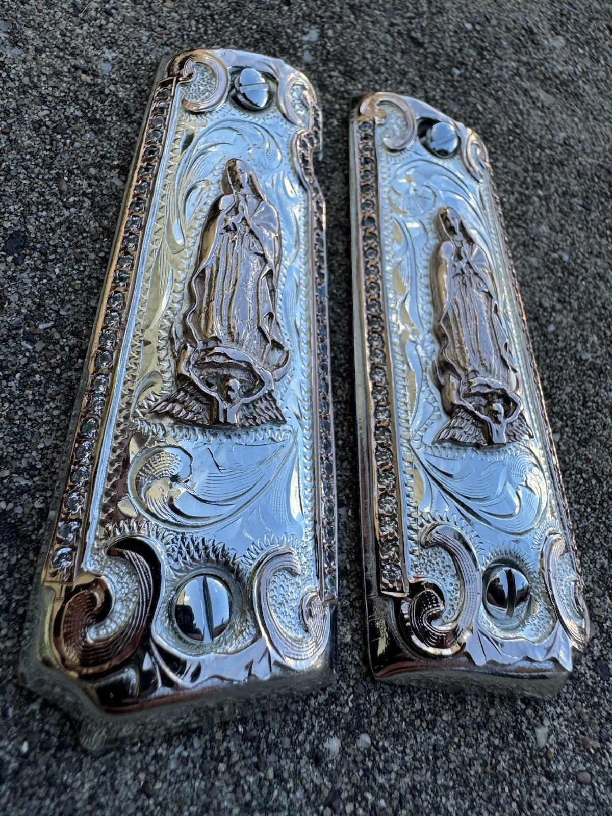 1911 ZIRCONIA 45 38 SUPER VIRGEN DE GUADALUPE ROSE GOLD GUN PISTOL GRIP CACHAS