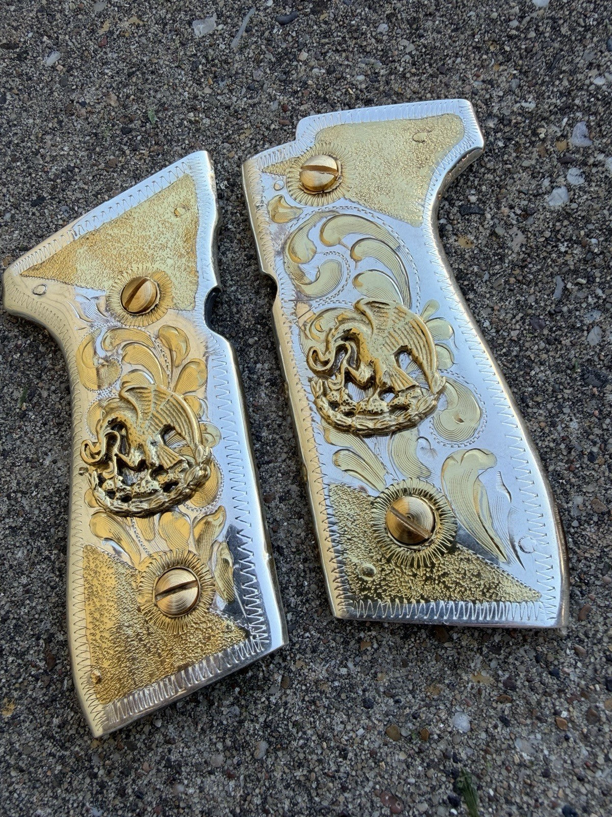 Beretta 92FS Cachas Mexican Eagle Gold Plated Pistol Custom Grips & Gold Screws