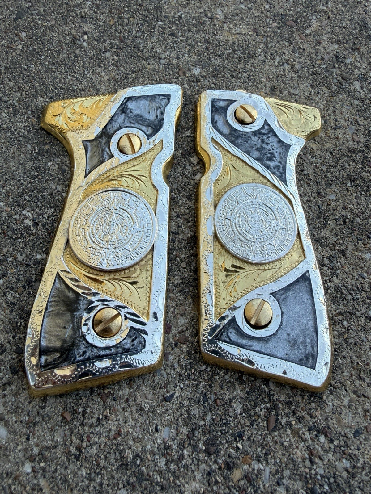 Beretta 92FS Cachas Azteca Gold Plated Pistol Custom Grips & Gold Screws