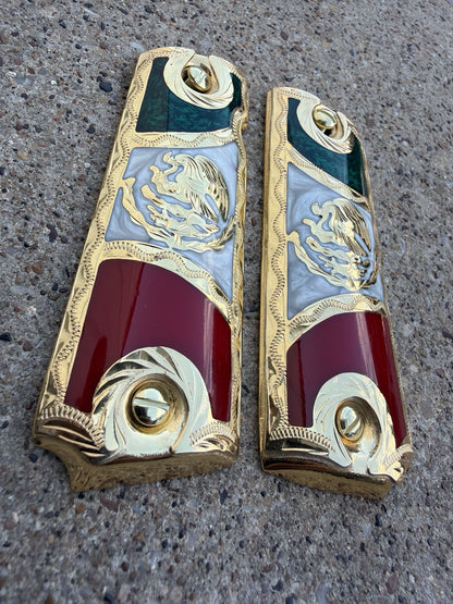 1911 45 38 Super Full Size Mexican Flag Gold Gun Pistol Grip Cachas & 24K Screws