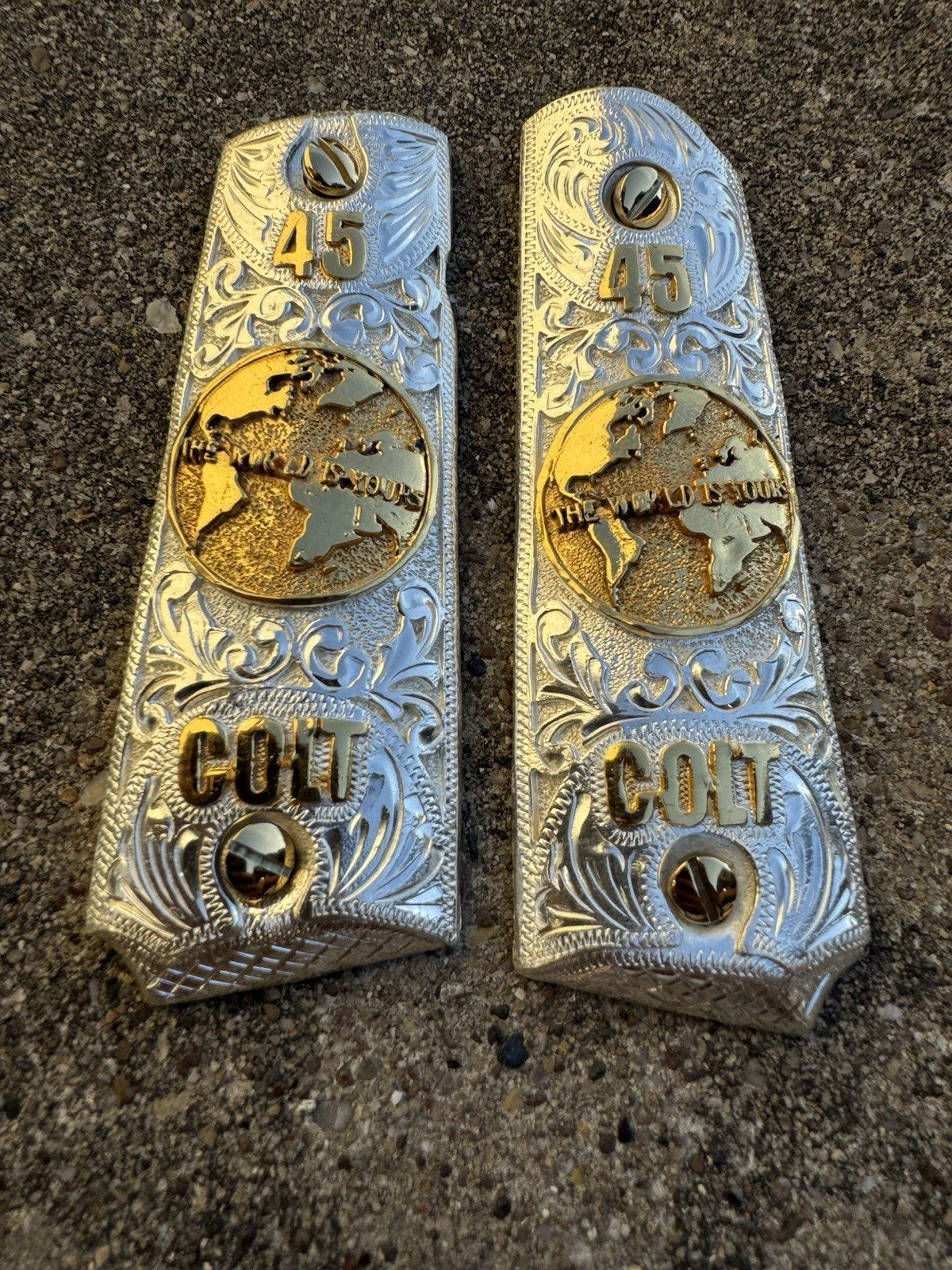 1911 45 38 Super Full Size World Is Yours Gold Gun Pistol Grip Cachas & 24KScrew