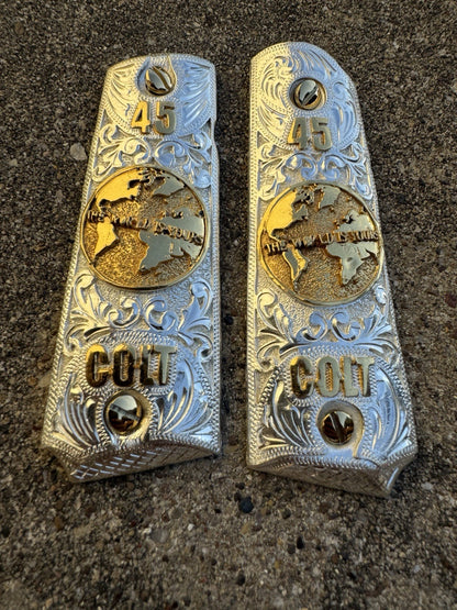 1911 45 38 Super Full Size World Is Yours Gold Gun Pistol Grip Cachas & 24KScrew