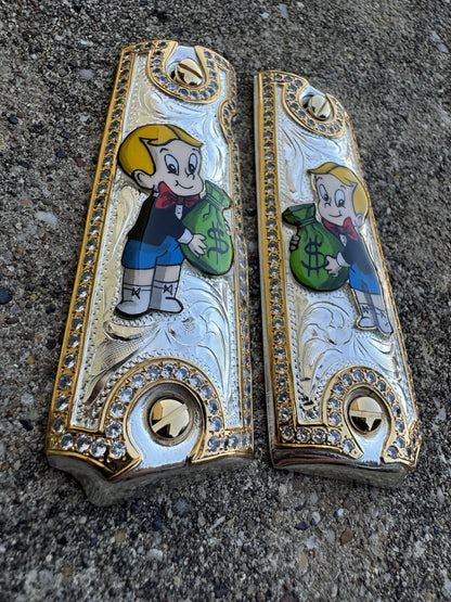1911 ZIRCONIA 45 38 SUPER RICHIE RICH GOLD GUN PISTOL GRIP CACHAS & 24K SCREWS