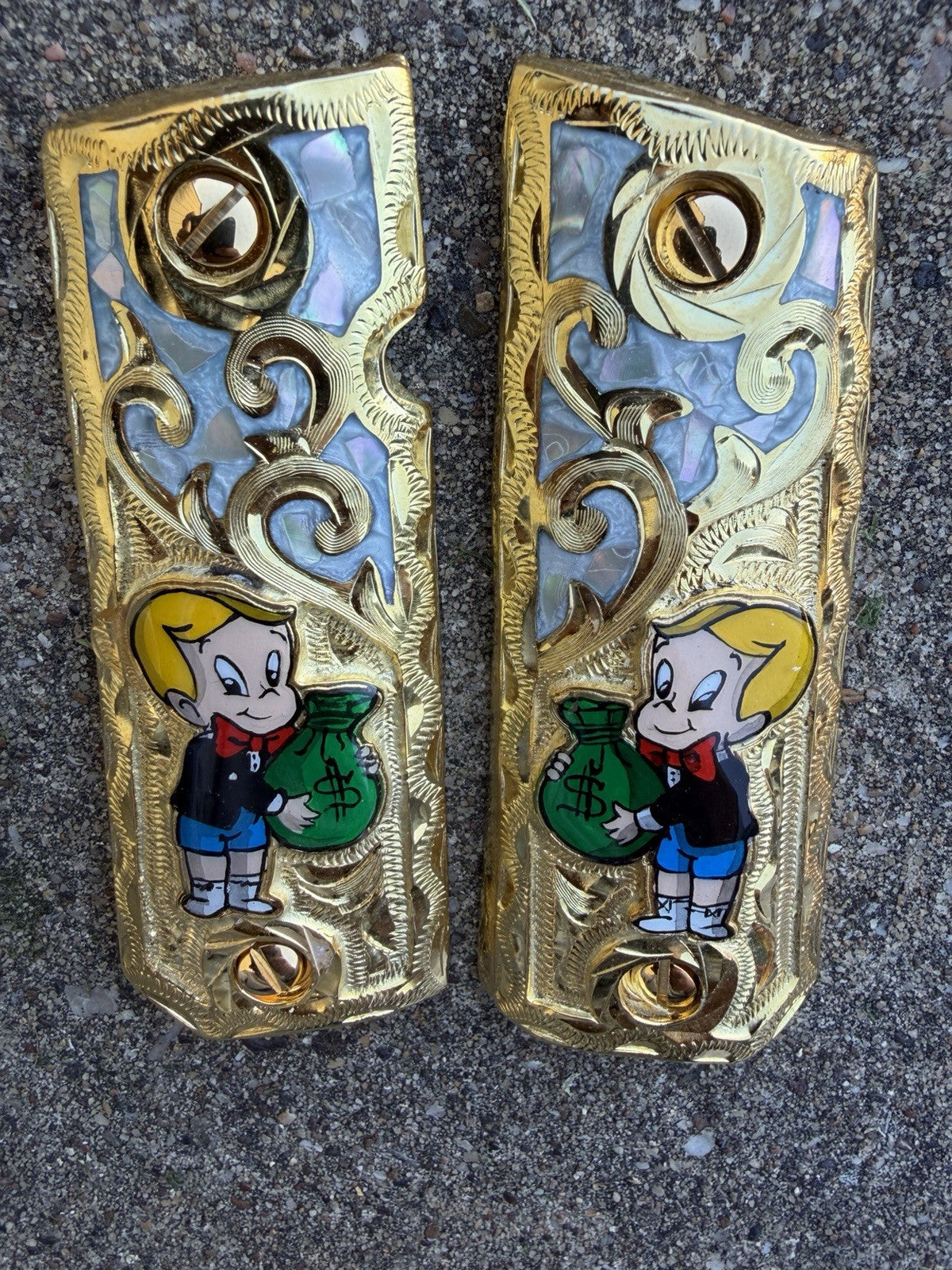 1911 45 38 Super Full Size Richie Rich Gold Gun Pistol Grip Cachas & 24K Screws