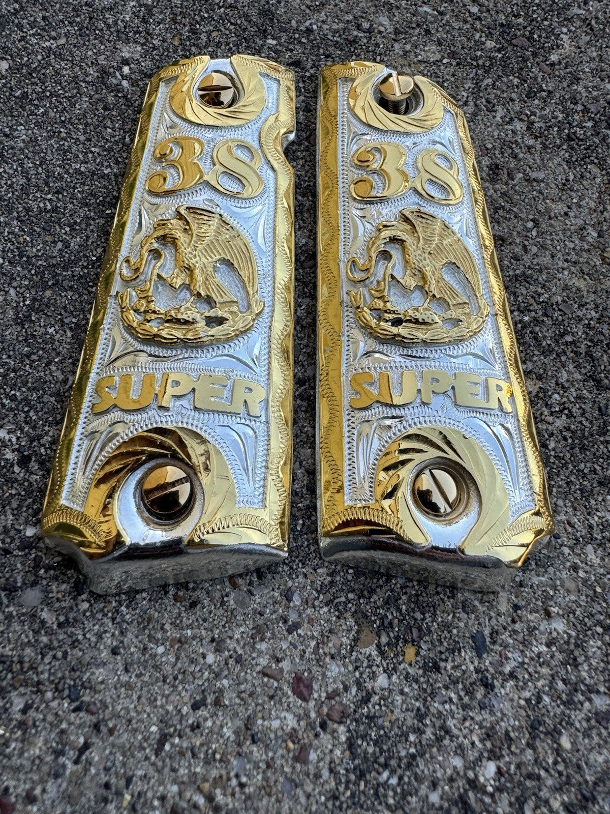 1911 45 38 Super Full Size Aguila Gold Gun Pistol Grip Cachas & 24K Screws