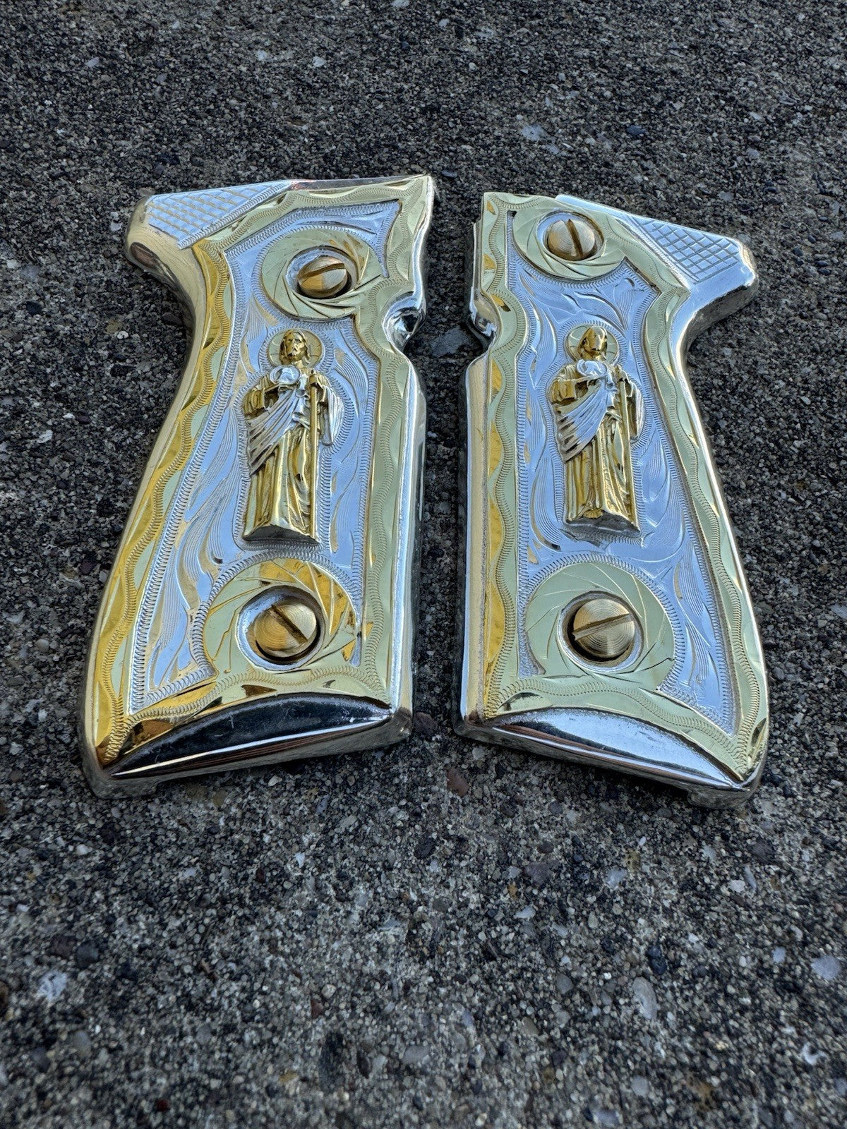 Beretta 92FS Cachas San Judas Gold Plated Pistol Custom Grips & Gold Screws