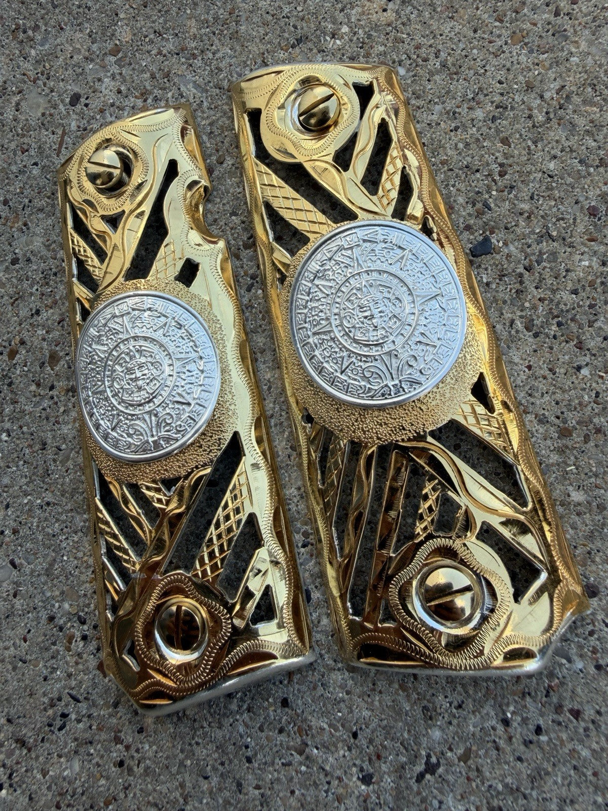 1911 45 38 Super Full Size Aztec Gold Gun Pistol Grip Cachas & 24K Screws