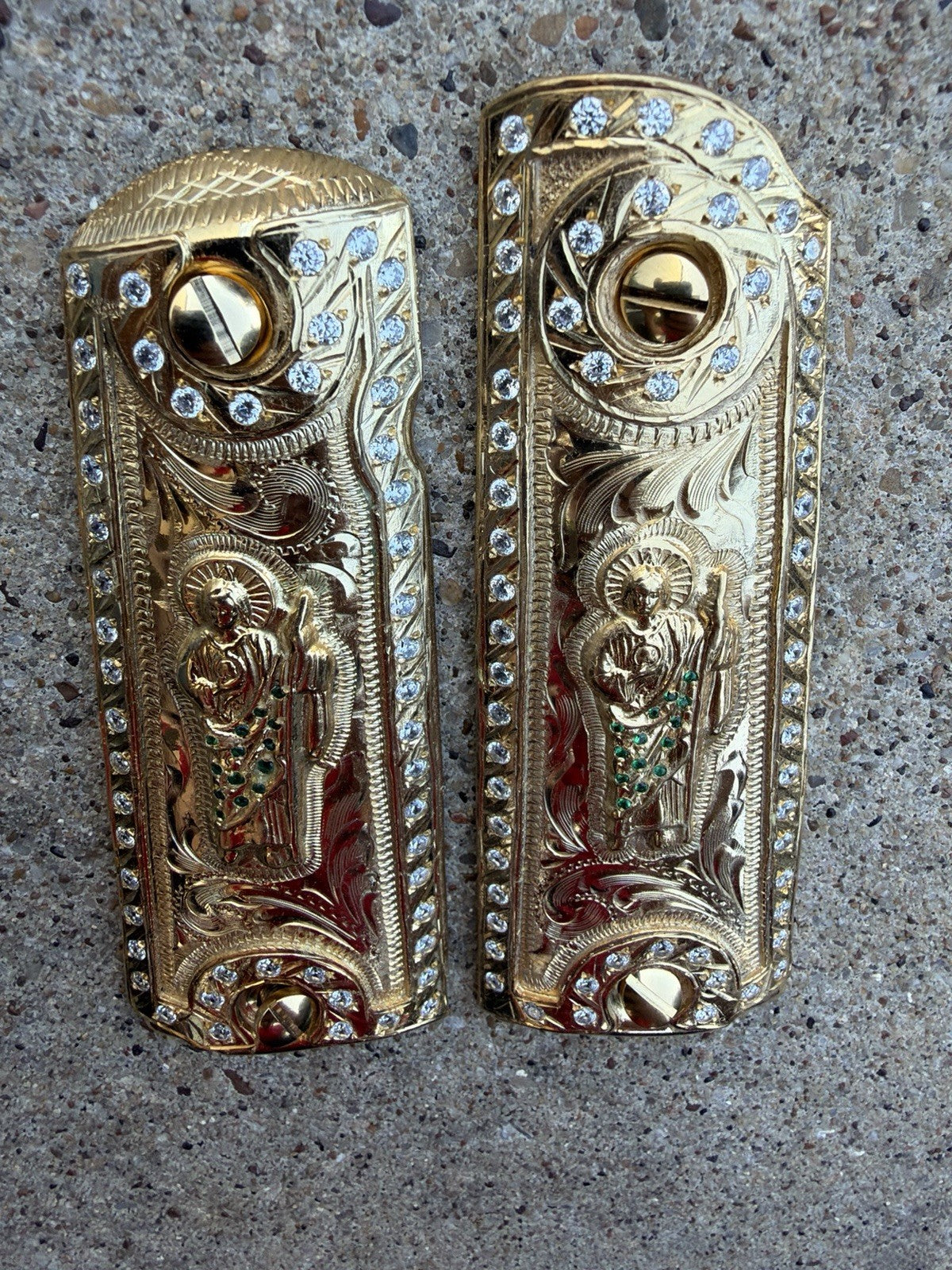 1911 ZIRCONIAS 45 38 SUPER COLT SAN JUDAS GOLD GUN PISTOL GRIP CACHAS & 24KSCREW
