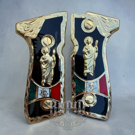 Beretta 92FS Cachas San Judas Gold Plated Pistol Custom Grips & Gold Screws