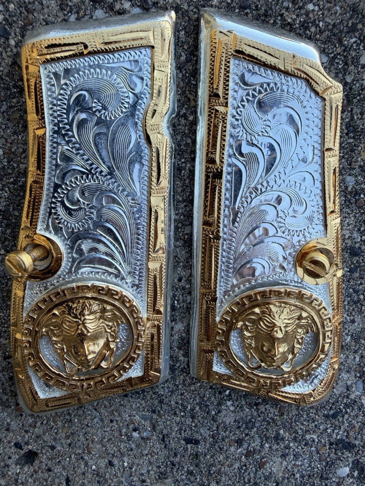 Browning Hi-Power 9mm Versace Gold Gun Pistol Grip Cachas & 2 24K Screws