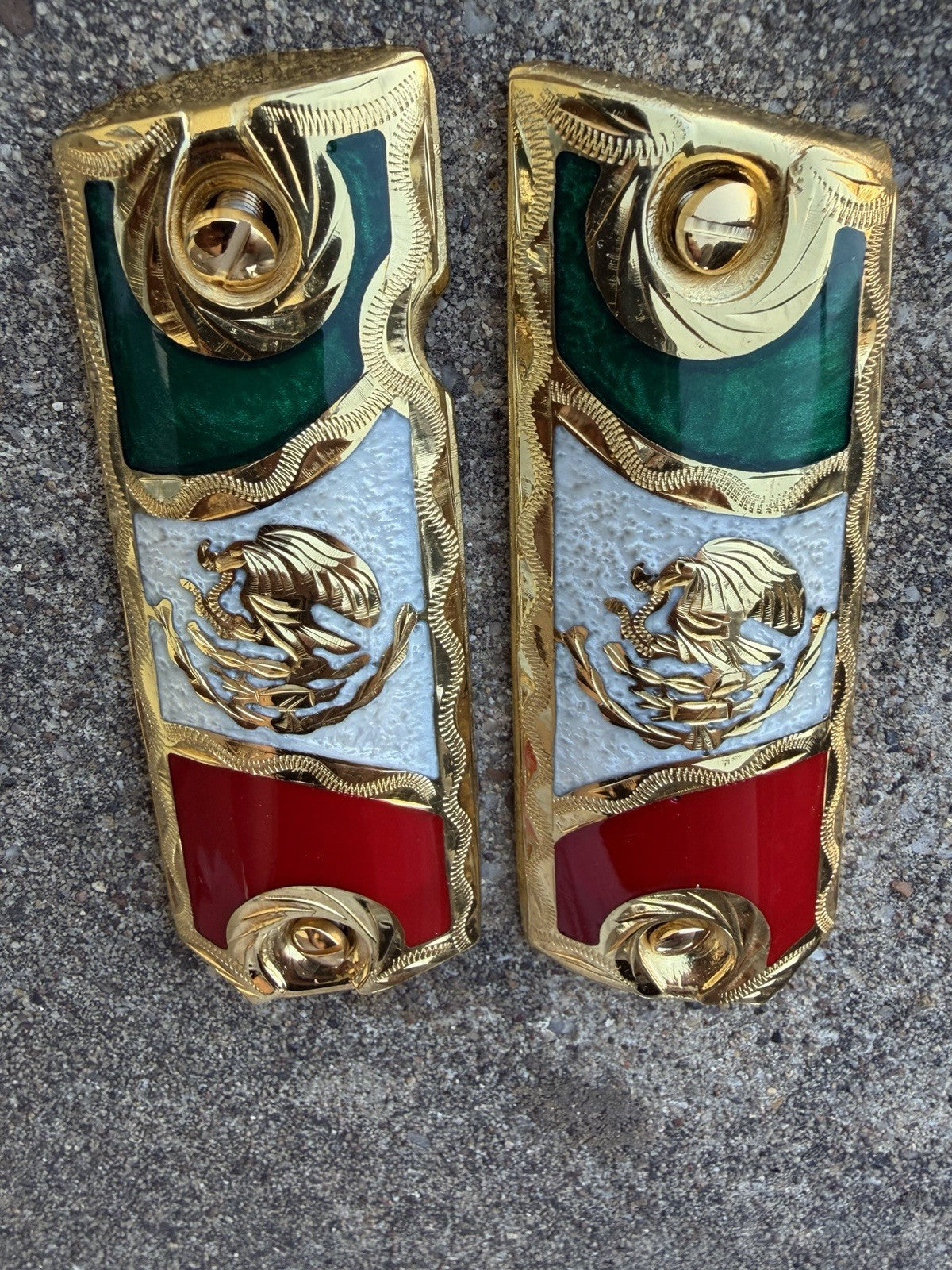 1911 45 38 Super Full Size Mexican Flag Gold Gun Pistol Grip Cachas & 24K Screws