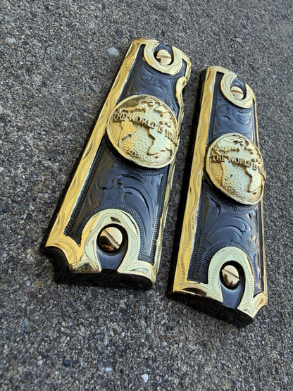 1911 45 38 Super Full Size World Is Yours Gold Gun Pistol Grip Cachas & 24KScrew