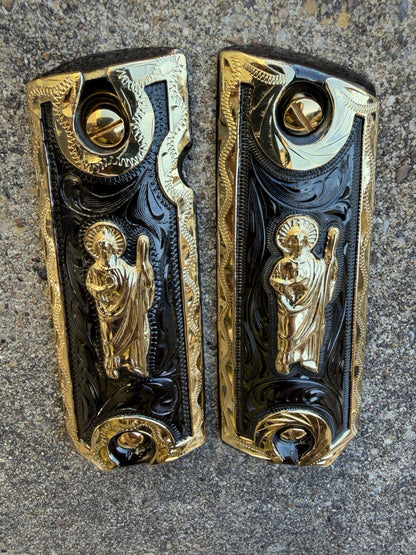 1911 45 38 Super Full Size San Judas Gold Gun Pistol Grip Cachas & 24K Screws