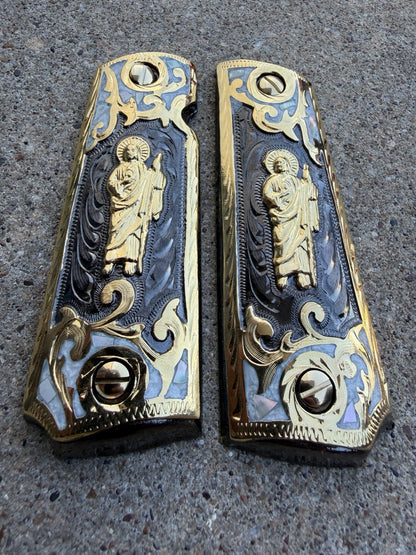 1911 45 38 Super Full Size San Judas Gold Gun Pistol Grip Cachas & 24K Screws