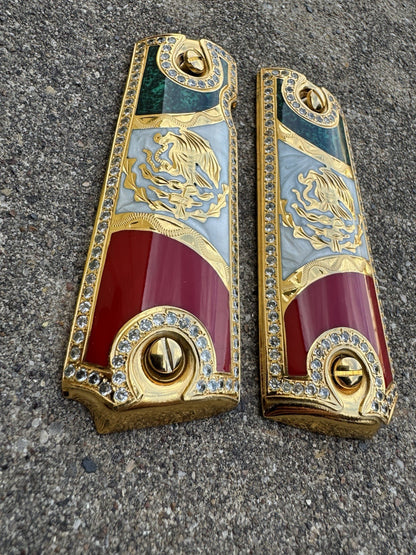 1911 ZIRCONIA 45 38 SUPER MEXICAN FLAG GOLD GUN PISTOL GRIP CACHAS & 24K SCREW