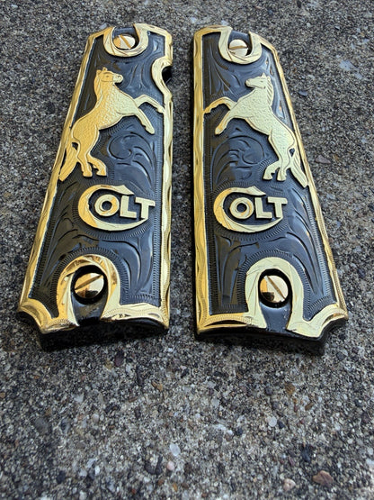 1911 45 38 Super Full Size Horse Gold Gun Pistol Grip Cachas & 24K Screws