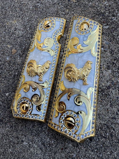 1911 ZIRCONIA 45 38 SUPER COLT GALLO GOLD GUN PISTOL GRIP CACHAS & 24K SCREW