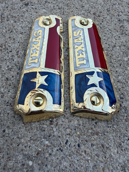 1911 45 38 Super Full Size Texas Gold Gun Pistol Grip Cachas & 24K Screws